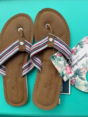 Tommy Bahama Tan Faux-Leather Sandals with Red, White & Blue Striped Straps